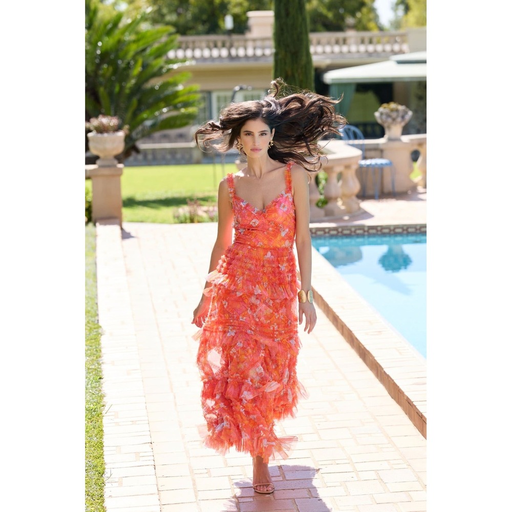 NWT Mac Duggal Orange Sleeveless Floral Ruffle A-Line Maxi Dress - Size 8 - Picture 14 of 14